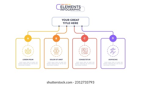 Infographic elements of choice template with 4 rectangle parts, steps or processe. Business service options demonstration. Modern linear vector illustration for effective data presentation