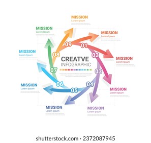 Infographic elements circle design with 9 options or steps. Can be used for presentation banners, workflow layout, process diagrams, flow chart, info graph. EPS Vector.