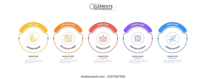 Infographic elements of circular choice template with 5 options, steps or processes. Program steps placed in horizontal row. Modern flat vector illustration for visual presentation