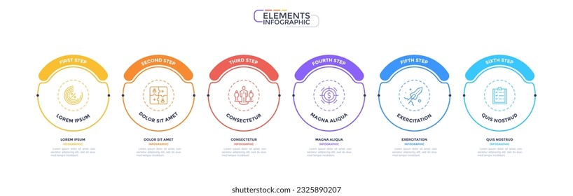 Infographic elements of circular choice template with 6 options, steps or processes. Program steps placed in horizontal row. Modern flat vector illustration for visual presentation