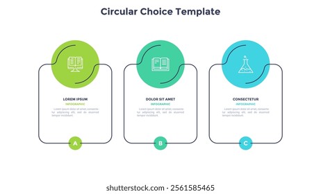 Infographic elements of circular choice template with 3 options, steps or processes. Program steps placed in horizontal row. Modern flat vector illustration for visual presentation
