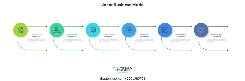 Infographic elements of circular choice template with 6 options, steps or processes. Program steps placed in horizontal row. Modern flat vector illustration for visual presentation