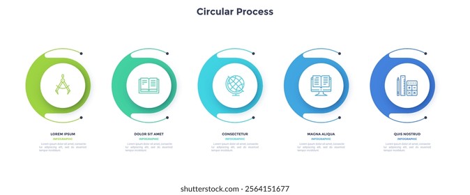 Infographic elements of circular choice template with 5 options, steps or processes. Program steps placed in horizontal row. Modern flat vector illustration for visual presentation
