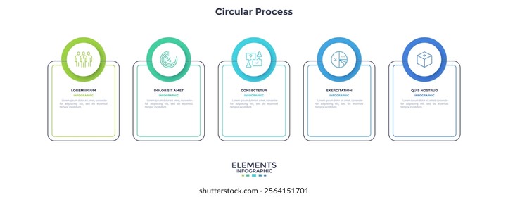 Infographic elements of circular choice template with 5 options, steps or processes. Program steps placed in horizontal row. Modern flat vector illustration for visual presentation