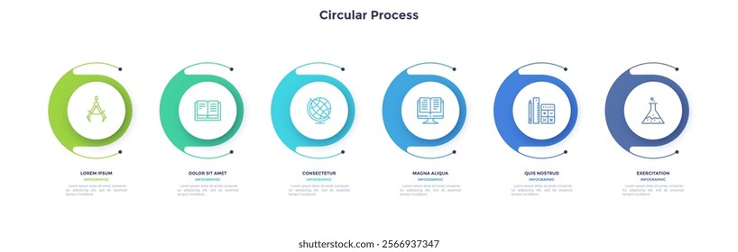 Infographic elements of circular choice template with 6 options, steps or processes. Program steps placed in horizontal row. Modern flat vector illustration for visual presentation