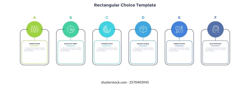 Infographic elements of circular choice template with 6 options, steps or processes. Program steps placed in horizontal row. Modern flat vector illustration for visual presentation