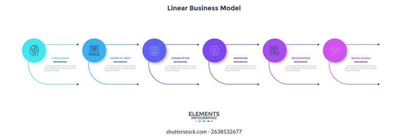 Infographic elements of circular choice template with 6 options, steps or processes. Program steps placed in horizontal row. Modern flat vector illustration for visual presentation