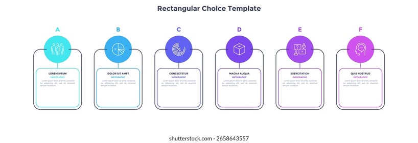 Elementos infográficos de Plantilla de elección circular con 6 opciones, pasos o procesos. Programe los pasos colocados en la fila Horizontal. Moderna Ilustración vectorial plana para presentación visual