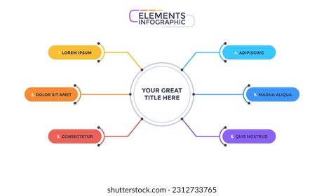 Infographic elements of circular mind-map template for six options, steps. Concept of services types for customers. Modern linear vector illustration for business performance