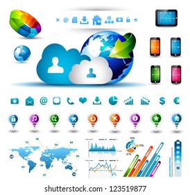 Infographic elements for cloud computing - set of paper tags, technology icons, graphs, paper tags, arrows, world map and so on. Ideal for statistic data display.