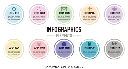 Infographic elements is colorful circles, blue, pink, green, purple, yellow, grey, orange, for infographic presentation template as a vector on white background and various icons