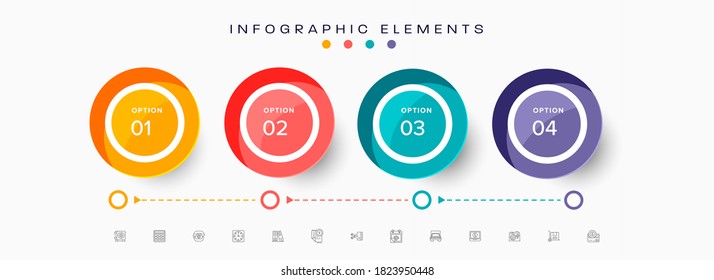 Infografische Elemente mit bunten vier Optionen auf weißem Hintergrund für Business Concept.