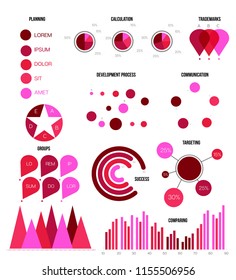 Infographic Elements, Creative Presentation Vector Set. Pink, Purple Female Business Data Visualisation Design. Annual Rating Diagram, Path, Target Chart. Statistics Poster Infographic Elements