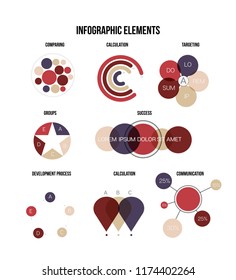 Infographic Elements, Creative Presentation Vector Set. Brown, Green Graphic Statistics, Data Visualisation Design. Data Rating Diagram, Path, Target Chart. Vintage Education Infographic Element