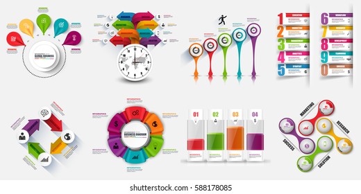 Infographic elements data visualization vector design template. Business concept with 4, 5, 8 and 10 options, steps or processes, workflow layout, diagram, timeline, marketing icons, info graphics.