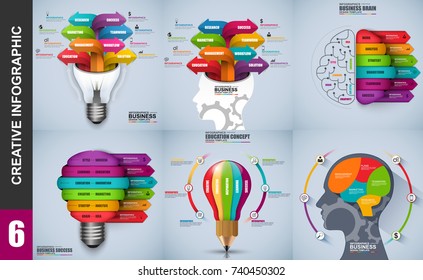 Infographic elements data visualization vector design template. Business concept with 6 and 8 steps, creative process, workflow, brain, human head, light bulb, diagram, marketing icons, info graphics.