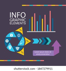 diseño de elementos infográficos con gráfico de barras gráficas e iconos relacionados con el negocio sobre fondo morado, ilustración vectorial