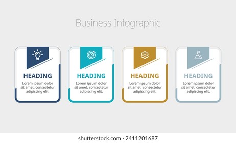 Plantilla de diseño de elementos infográficos, concepto de negocio con 4 pasos o opciones. Diseños de flujo de trabajo, diagramas, informes anuales, diseños web, banners creativos y etiquetas en forma vectorial.