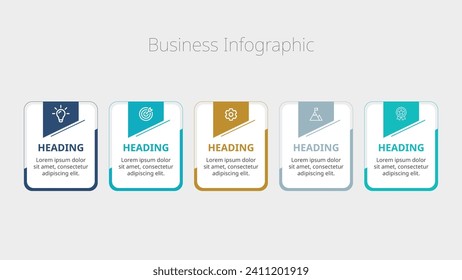 Plantilla de diseño de elementos infográficos, concepto de negocio con 5 pasos o opciones. Diseños de flujo de trabajo, diagramas, informes anuales, diseños web, banners creativos y etiquetas en forma vectorial.