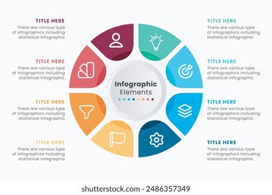 Infografik Elemente Design Vorlage, Eine kreisförmige Infografik mit 8 Stufen kann für Workflow-Layout, Präsentation, Diagramm, Banner, Webdesign und Vektorillustration verwendet werden.