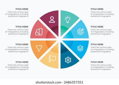 Infografik Elemente Design Vorlage, Eine kreisförmige Infografik mit 8 Stufen kann für Workflow-Layout, Präsentation, Diagramm, Banner, Webdesign und Vektorillustration verwendet werden.