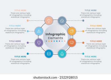 Modelo de design de elementos infográficos, Um infográfico circular com 8 etapas pode ser usado para layout de fluxo de trabalho, apresentação, diagrama, banner, design da Web e ilustração vetorial.