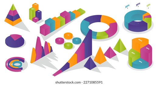 Colección de diagramas de elementos infográficos en diseño isométrico