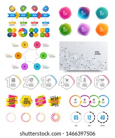 Infographic elements. Financial graph, timelines, options banner badges. Sale discount shapes, countdown timer. Analytics chart, timeline infographics. Offer layout page. Vector graphs and charts