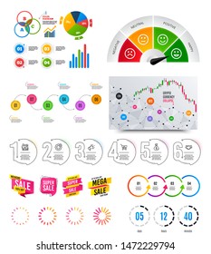Infographic elements. Financial graph, timelines, options banner badges. Sale discount shapes, countdown timer. Analytics chart, timeline infographics. Offer layout page. Vector graphs and charts