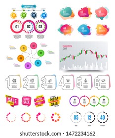 Infographic elements. Financial graph, timelines, options banner badges. Sale discount shapes, countdown timer. Analytics chart, timeline infographics. Offer layout page. Vector graphs and charts