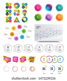 Infographic elements. Financial graph, timelines, options banner badges. Sale discount shapes, countdown timer. Analytics chart, timeline infographics. Offer layout page. Vector graphs and charts