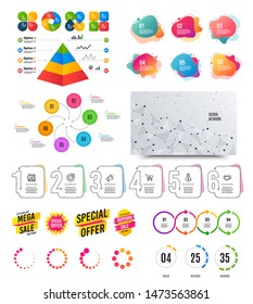 Infographic elements. Financial graph, timelines, options banner badges. Sale discount shapes, countdown timer. Analytics chart, timeline infographics. Offer layout page. Vector graphs and charts