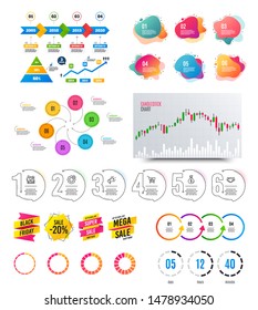 Infographic elements. Financial graph, timelines, options banner badges. Sale discount shapes, countdown timer. Analytics chart, timeline infographics. Offer layout page. Vector graphs and charts