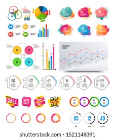 Infographic elements. Financial graph, timelines, options banner badges. Sale discount shapes, countdown timer. Analytics chart, timeline infographics. Offer layout page. Vector graphs and charts