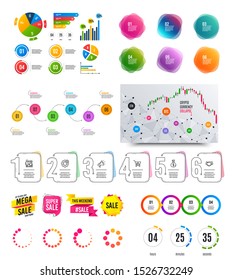 Infographic elements. Financial graph, timelines, options banner badges. Sale discount shapes, countdown timer. Analytics chart, timeline infographics. Offer layout page. Vector graphs and charts