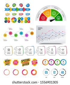 Infographic elements. Financial graph, timelines, options banner badges. Sale discount shapes, countdown timer. Analytics chart, timeline infographics. Offer layout page. Vector graphs and charts