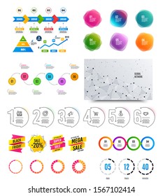 Infographic elements. Financial graph, timelines, options banner badges. Sale discount shapes, countdown timer. Analytics chart, timeline infographics. Offer layout page. Vector graphs and charts