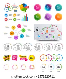 Infographic elements. Financial graph, timelines, options banner badges. Sale discount shapes, countdown timer. Analytics chart, timeline infographics. Offer layout page. Vector graphs and charts