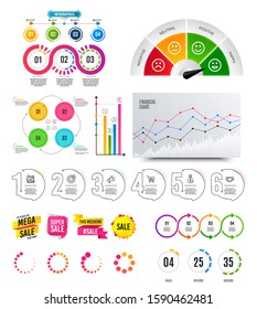 Infographic elements. Financial graph, timelines, options banner badges. Sale discount shapes, countdown timer. Analytics chart, timeline infographics. Offer layout page. Vector graphs and charts