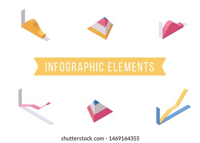 Infographic elements flat isometric illustrations set. Economic charts, growing line and pyramid diagram 3D vector icons pack. Business analysis, market analytics, statistical data visualization