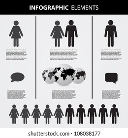 Infographic Elements – Gender Icons, World Map Globes and Communication Symbols in Vertical Layout. A comprehensive infographic template featuring stylized icons and symbols commonly used in data visualization. The layout includes three vertical sections with human figures representing female, male, and mixed gender pairs, each accompanied by placeholder text blocks. At the center, a globe with a world map overlay is flanked by two smaller globes, emphasizing global context. Speech bubble icons suggest themes of communication and dialogue. The bottom section displays rows of male and female icons, ideal for visualizing population or gender distribution. This design is suitable for presentations, educational materials, demographic reports, and international data storytelling.