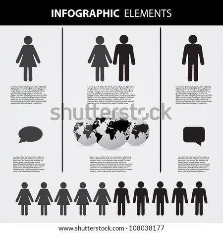 Infographic Elements – Gender Icons, World Map Globes and Communication Symbols in Vertical Layout. A comprehensive infographic template featuring stylized icons and symbols commonly used in data visualization. The layout includes three vertical sections with human figures representing female, male, and mixed gender pairs, each accompanied by placeholder text blocks. At the center, a globe with a world map overlay is flanked by two smaller globes, emphasizing global context. Speech bubble icons suggest themes of communication and dialogue. The bottom section displays rows of male and female icons, ideal for visualizing population or gender distribution. This design is suitable for presentations, educational materials, demographic reports, and international data storytelling.