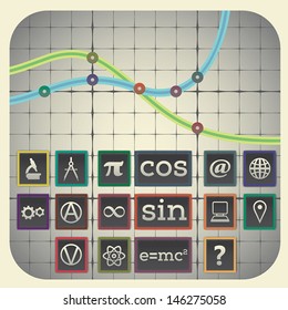 Infographic elements with graph background including sixteen science icons