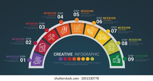 Infographic elements half circle design with 9 options or steps. Can be used for presentations banner, workflow layout, process diagram, flow chart.