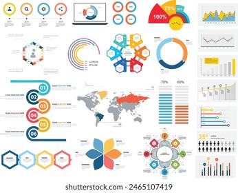 Elementos de infografía: incluye gráficos de barras y líneas, porcentajes, gráficos circulares, diagramas paso a paso, opciones, líneas de tiempo e infografías de personas. Ilustración del EPS10 del Vector.