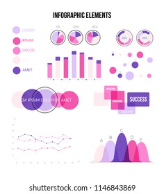 Infographic Elements, Info Presentation Vector Set. Pink, Purple Female Business Data Visualisation Design. Annual Rating Diagram, Path, Target Chart. Vintage Education Infographic Element