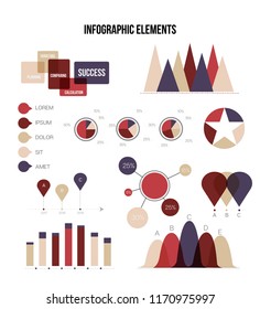 Infographic Elements, Info Presentation Vector Set. Brown, Green Graphic Statistics, Data Visualisation Design. Data Set Diagram, Path, Target Circle Chart. Vintage Education Infographic Element