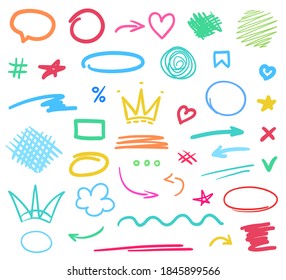 Infographic elements isolated on background. Colored set of sketchy arrow, heart, crown signs. Hand drawn simple symbols