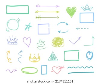 Infographic elements isolated on background. Colored set of sketchy arrow, heart, crown signs. Hand drawn simple symbols