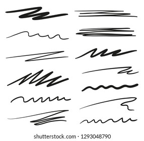 Infographic elements isolated on white. Set of different sketchy signs. Backgrounds with array of lines. Stroke chaotic backdrops. Hand drawn patterns. Black and white illustration. Elements for work